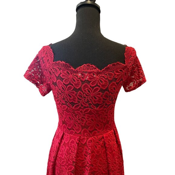 Elegant Floral red Lace Dress Size 4/6 (Small) 40's 50's pinup retro pleated zip - Picture 5 of 8